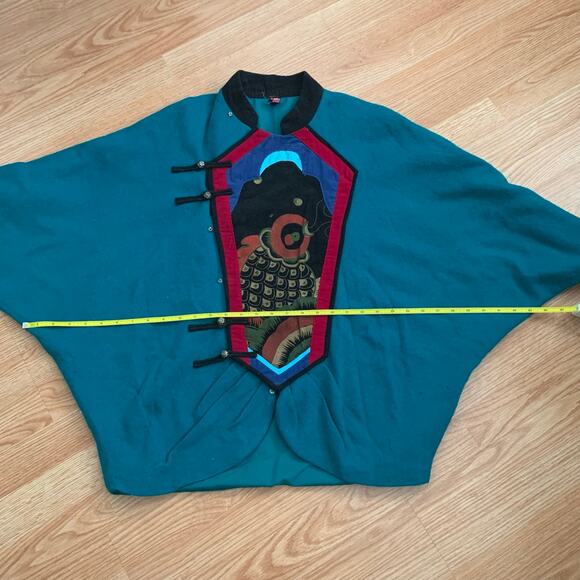 Vintage Blue Green Chinese Corduroy Embroidered Fish Sweater Jacket Sz M (apprx) - Picture 10 of 16